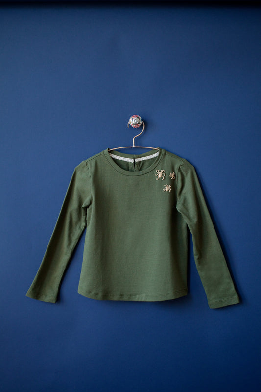 Girls Hand-Embroidered Spider Tee – Forest Green