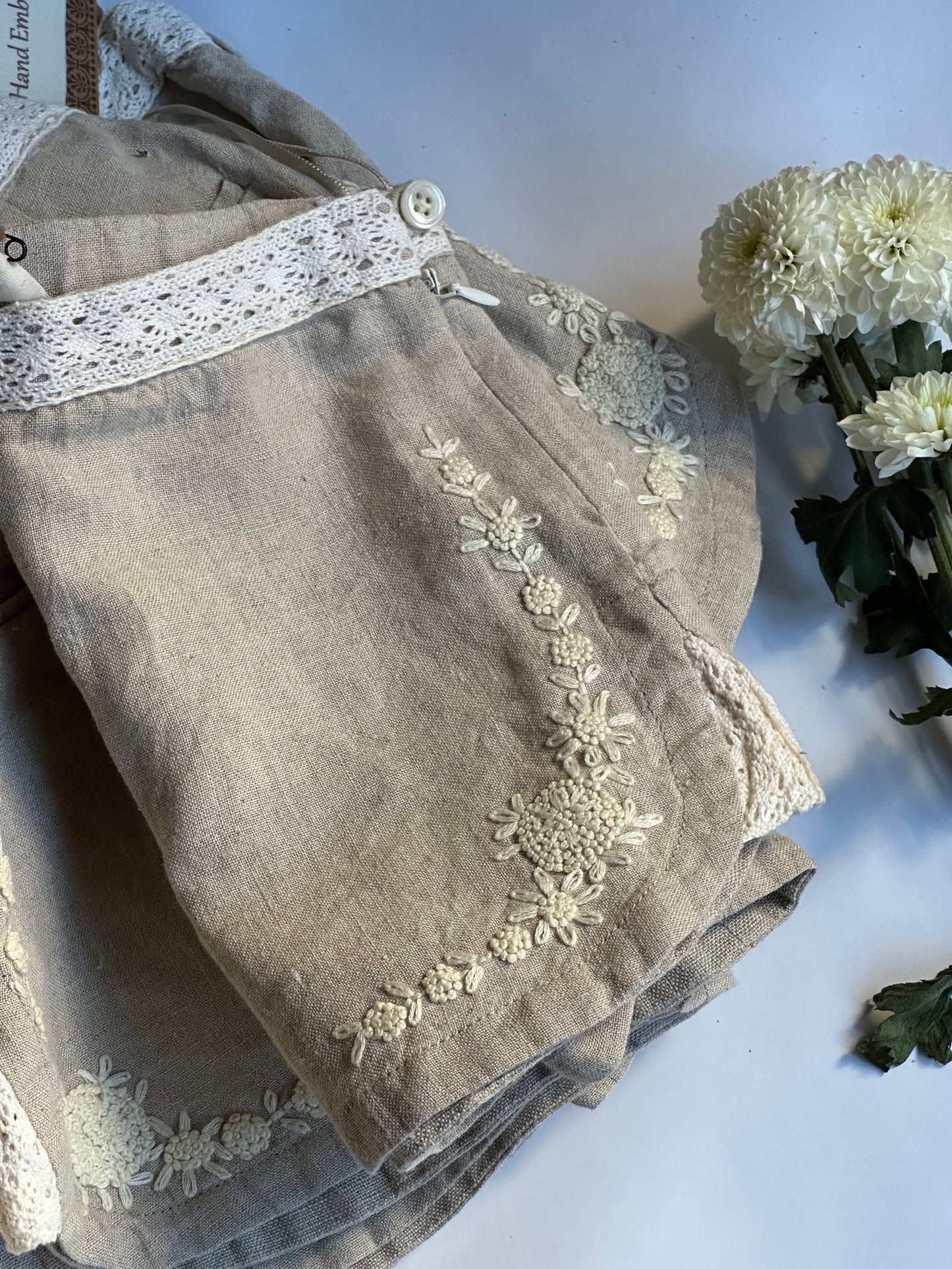 Whispers of Paris: 3D Floral-Embroidered Linen Shorts with Crochet Lace