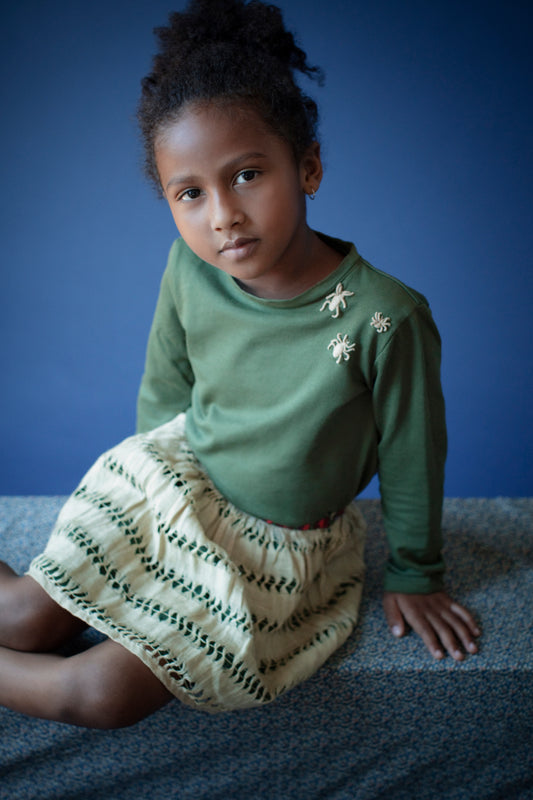 Girls Hand-Embroidered Spider Tee – Forest Green